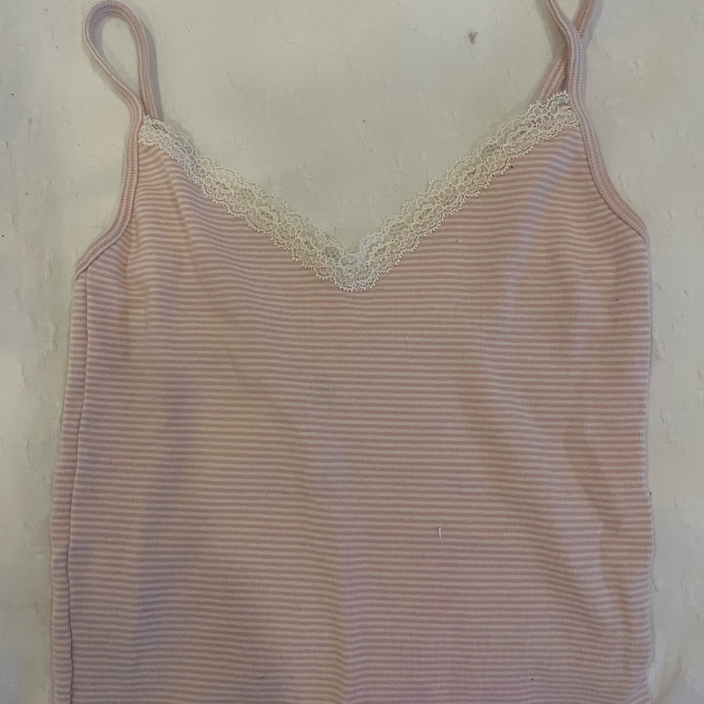 Brandy Melville Pink and White Striped Cami with Lace